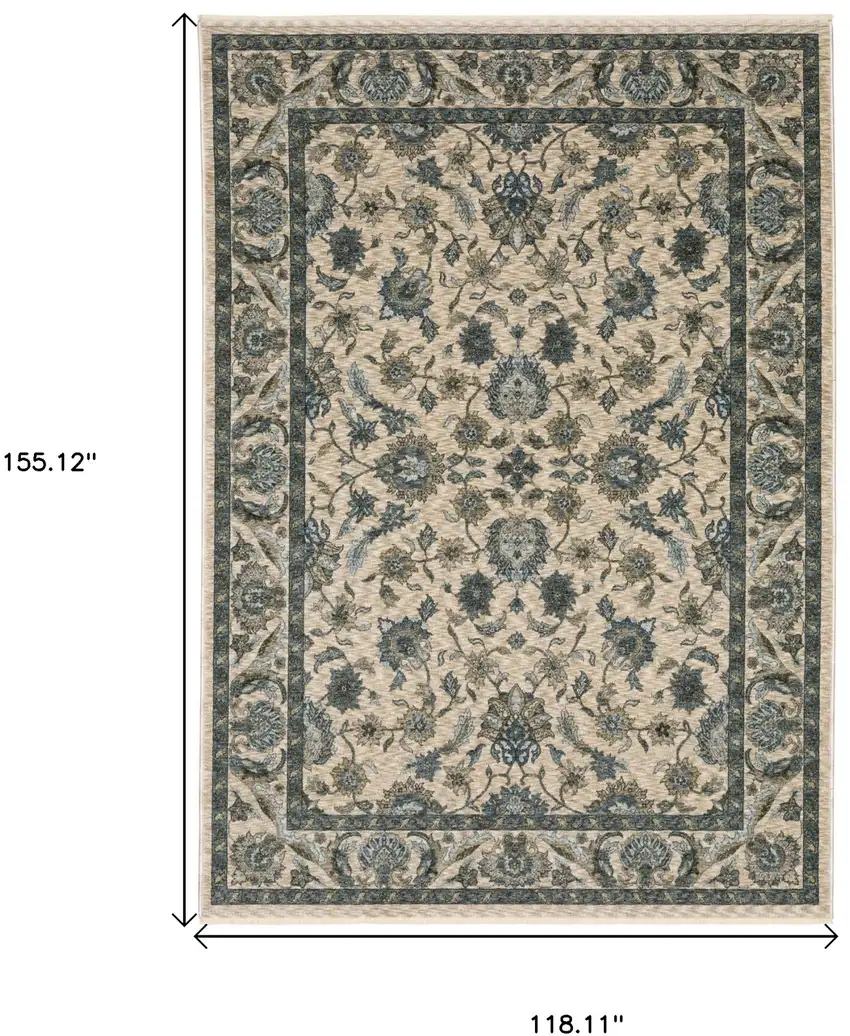 Beige And Blue Oriental Area Rug With Fringe Photo 3