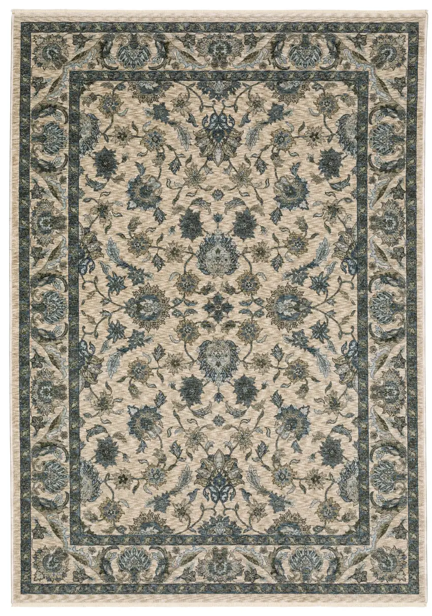 Beige And Blue Oriental Area Rug With Fringe Photo 3