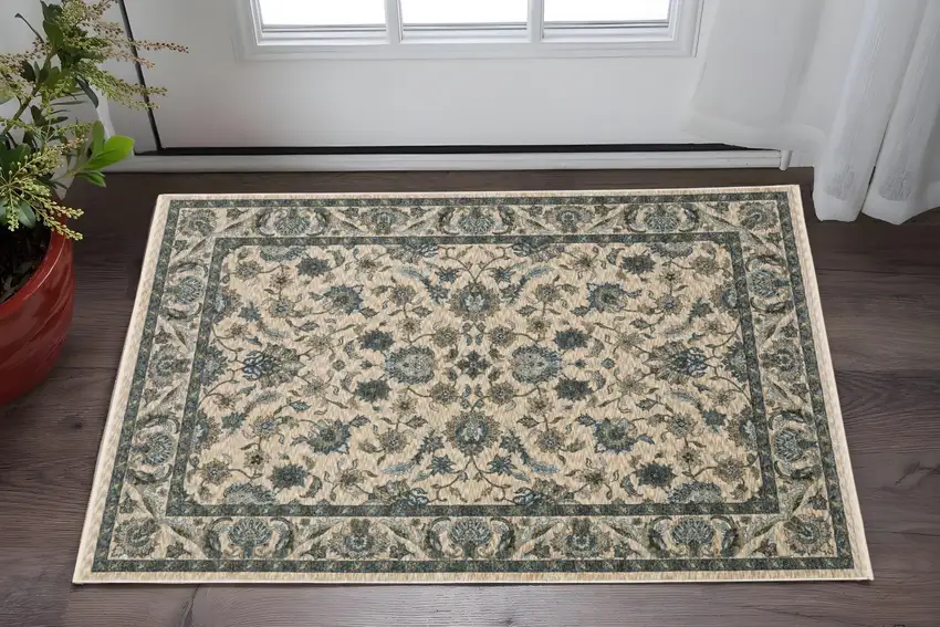 Beige And Blue Oriental Area Rug With Fringe Photo 1