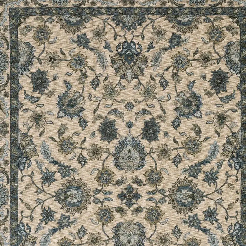 Beige And Blue Oriental Area Rug With Fringe Photo 4