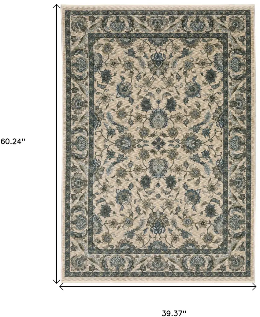 Beige And Blue Oriental Area Rug With Fringe Photo 3