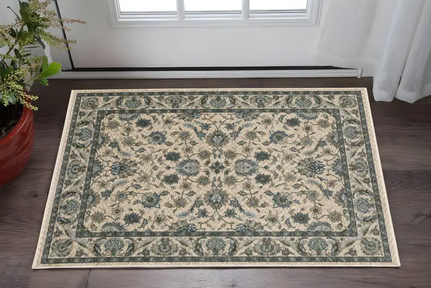 Beige And Blue Oriental Area Rug With Fringe Photo 1