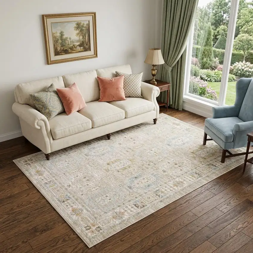 Beige And Blue Oriental Area Rug Photo 1