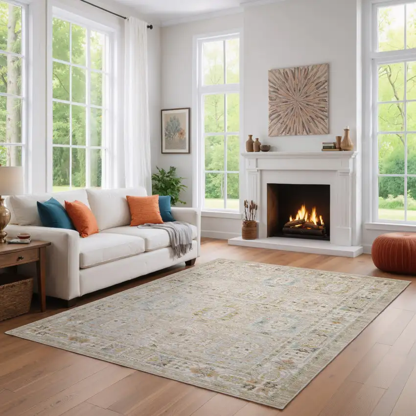Beige And Blue Oriental Area Rug Photo 5