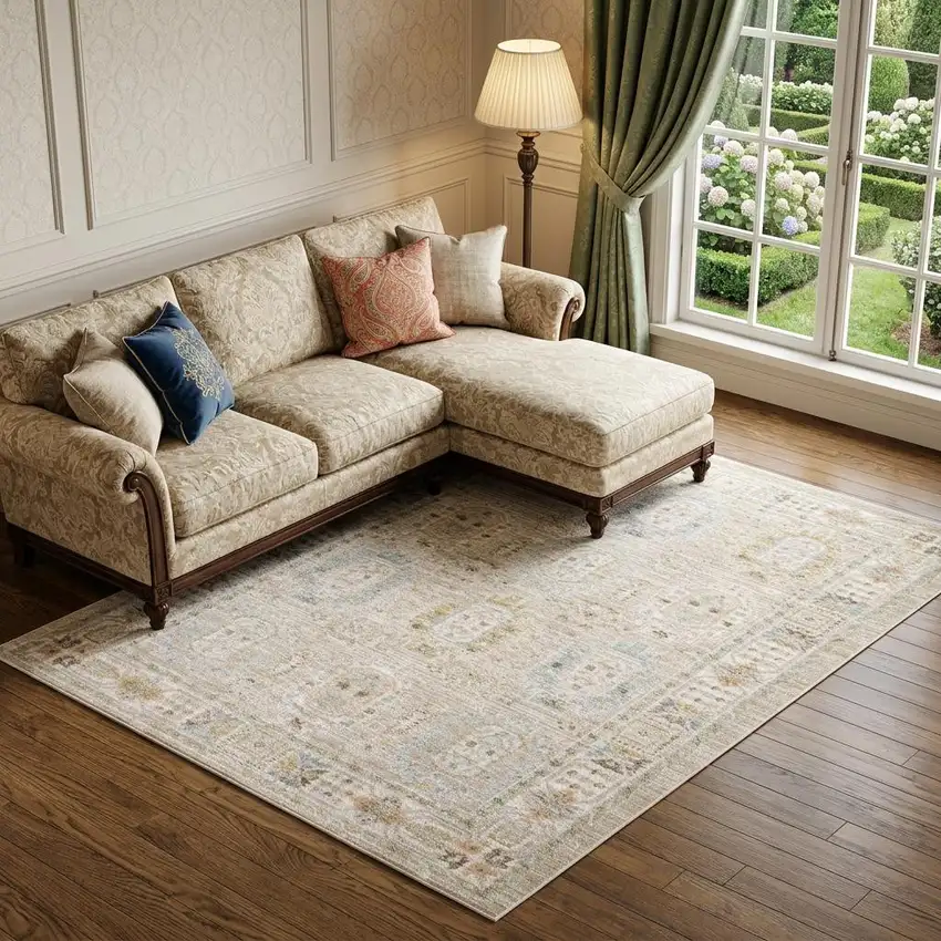 Beige And Blue Oriental Area Rug Photo 1