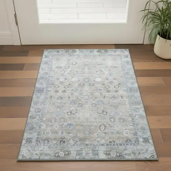 Beige And Blue Oriental Washable Area Rug With UV Protection Photo 2
