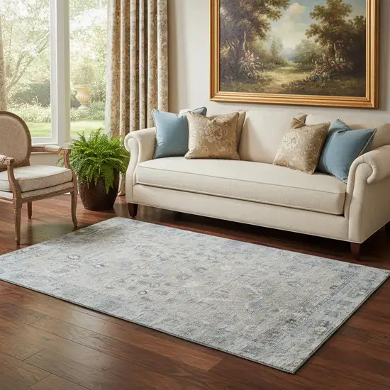 Beige And Blue Oriental Washable Area Rug With UV Protection Photo 2