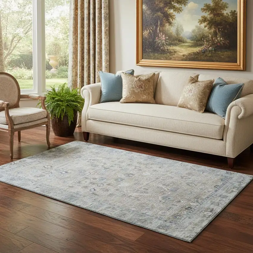 Beige And Blue Oriental Washable Area Rug With UV Protection Photo 2