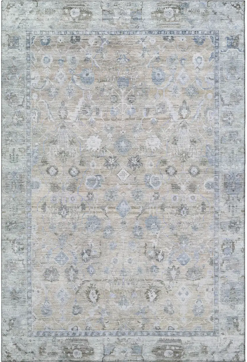 Beige And Blue Oriental Washable Area Rug With UV Protection Photo 3