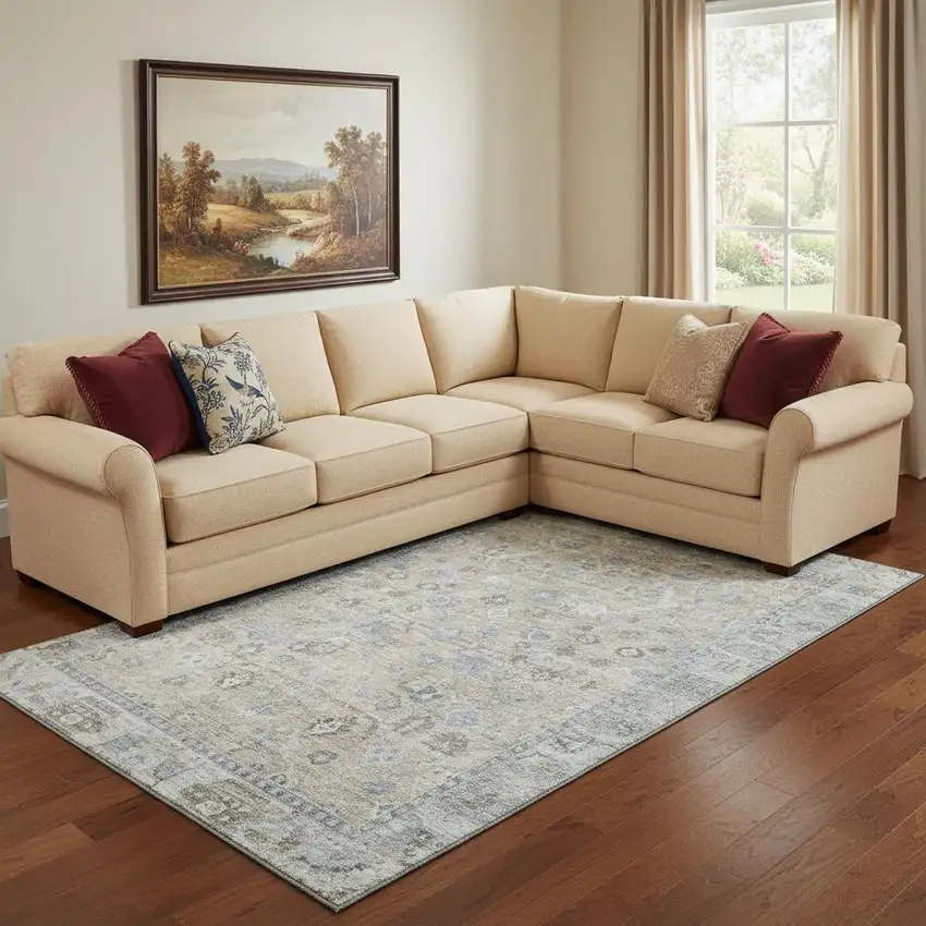 Beige And Blue Oriental Washable Area Rug With UV Protection Photo 2