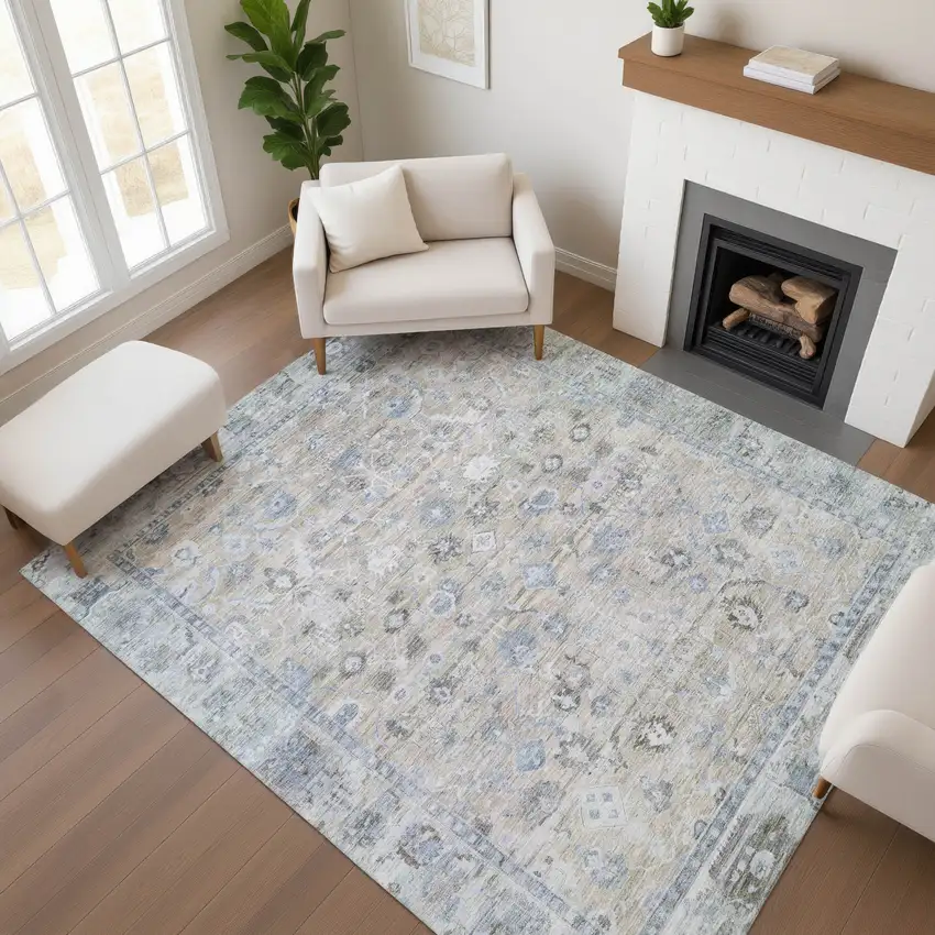 Beige And Blue Oriental Washable Area Rug With UV Protection Photo 4