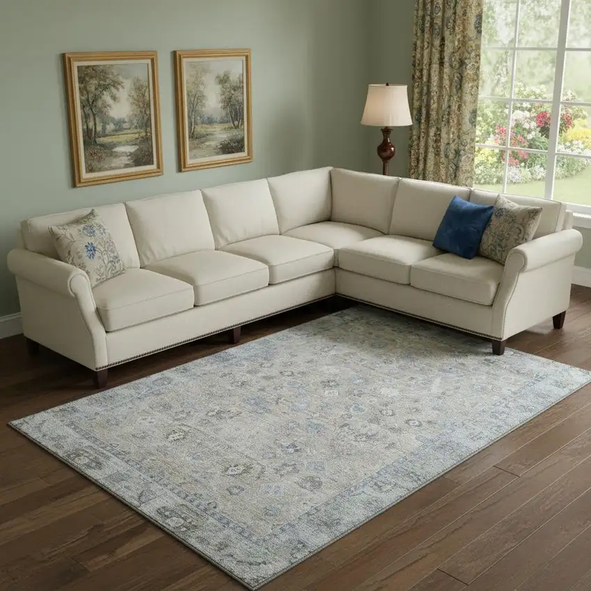 Beige And Blue Oriental Washable Area Rug With UV Protection Photo 2