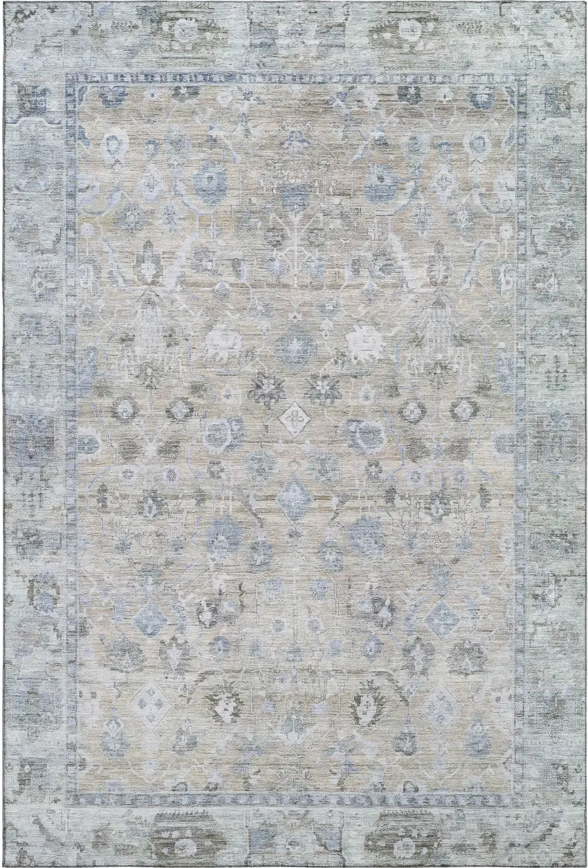 Beige And Blue Oriental Washable Area Rug With UV Protection Photo 1