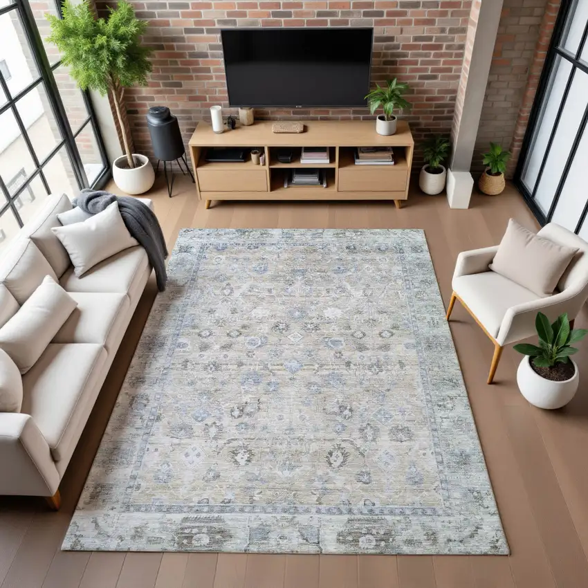 Beige And Blue Oriental Washable Area Rug With UV Protection Photo 5