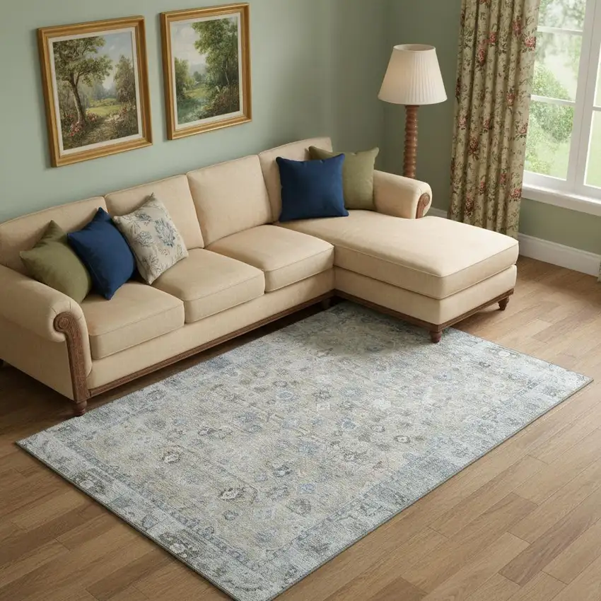 Beige And Blue Oriental Washable Area Rug With UV Protection Photo 2