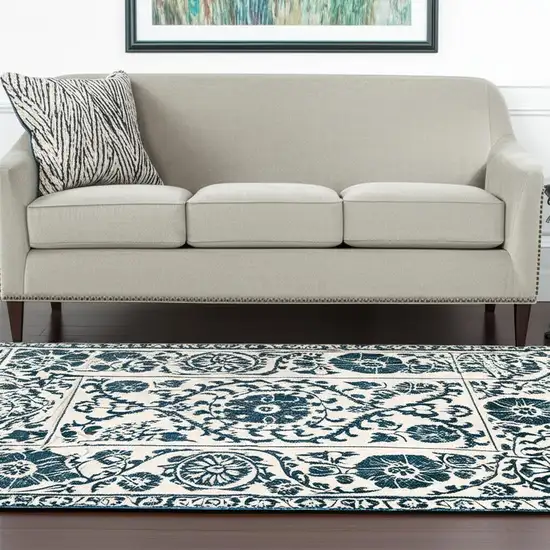 Beige And Blue Tribal Washable Area Rug With UV Protection Photo 1