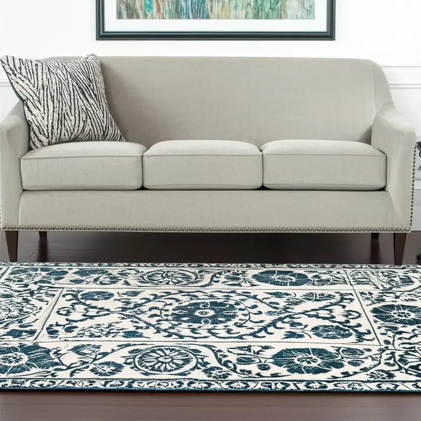 Beige And Blue Tribal Washable Area Rug With UV Protection Photo 1