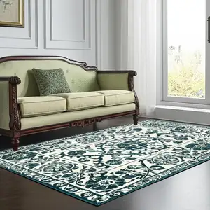 Photo of Beige And Blue Tribal Washable Area Rug With UV Protection