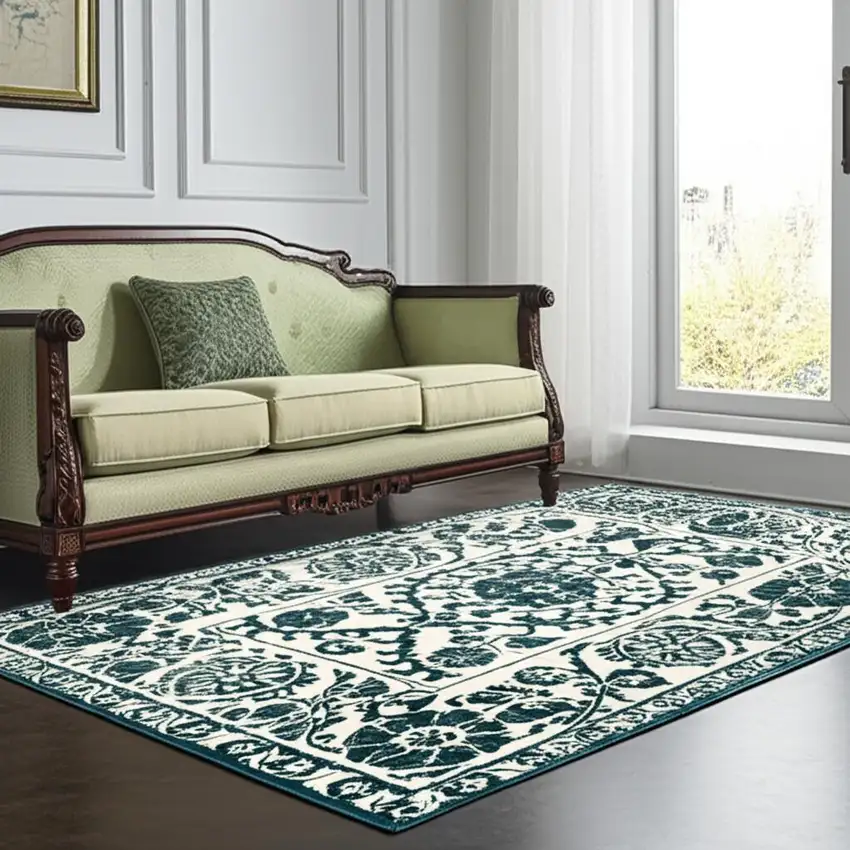 Beige And Blue Tribal Washable Area Rug With UV Protection Photo 1