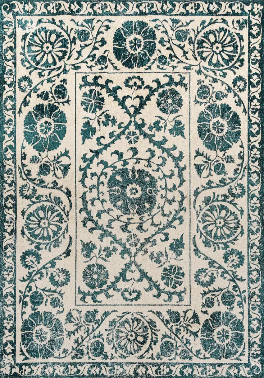 Beige And Blue Tribal Washable Area Rug With UV Protection Photo 2