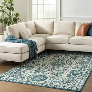 Photo of Beige And Blue Tribal Washable Area Rug With UV Protection