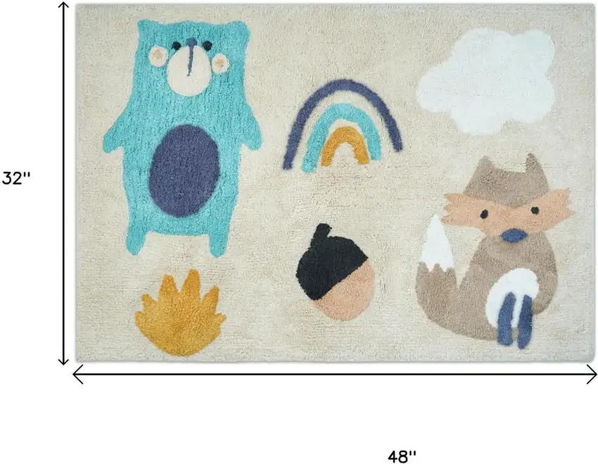 Beige And Blue Woodland Animals Youthful Washable Area Rug Photo 7