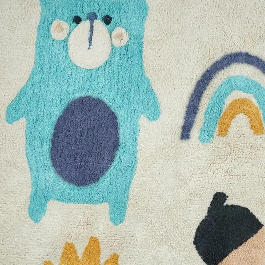 Beige And Blue Woodland Animals Youthful Washable Area Rug Photo 6