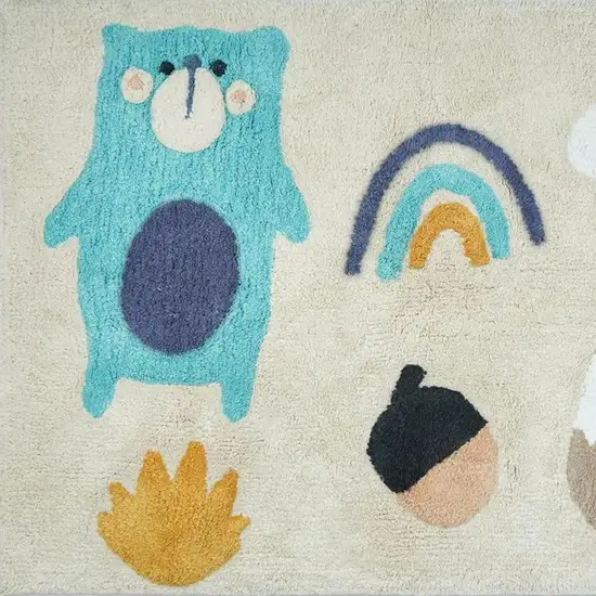 Beige And Blue Woodland Animals Youthful Washable Area Rug Photo 4