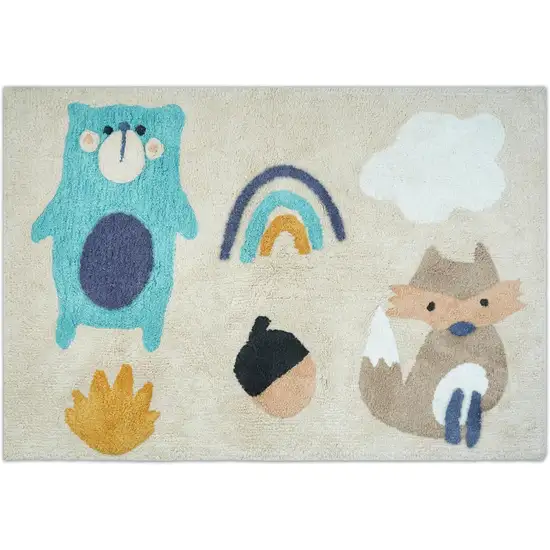 Beige And Blue Woodland Animals Youthful Washable Area Rug Photo 1