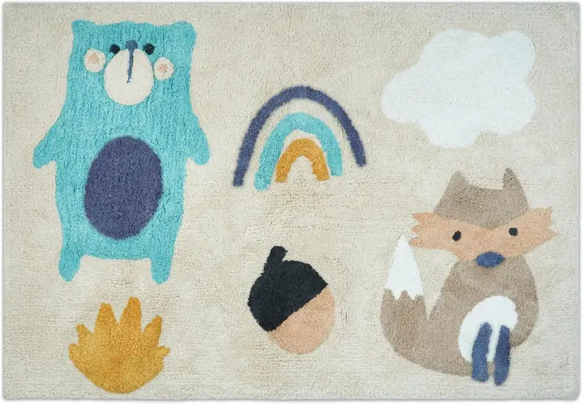 Beige And Blue Woodland Animals Youthful Washable Area Rug Photo 1