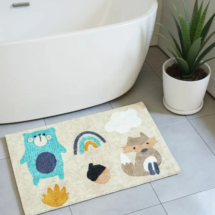 Beige And Blue Woodland Animals Youthful Washable Area Rug Photo 2