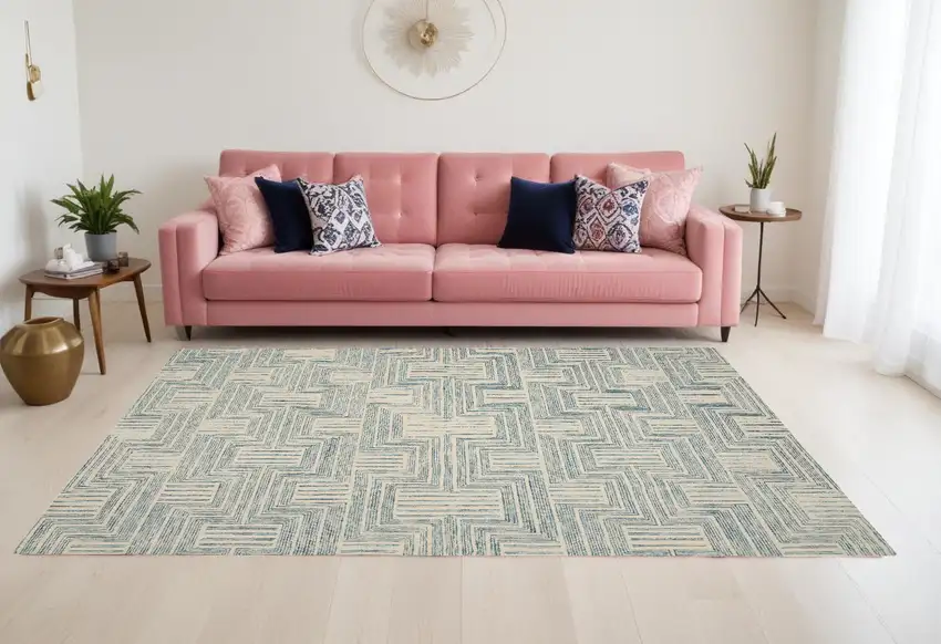 Beige And Blue Wool Geometric Area Rug Photo 1