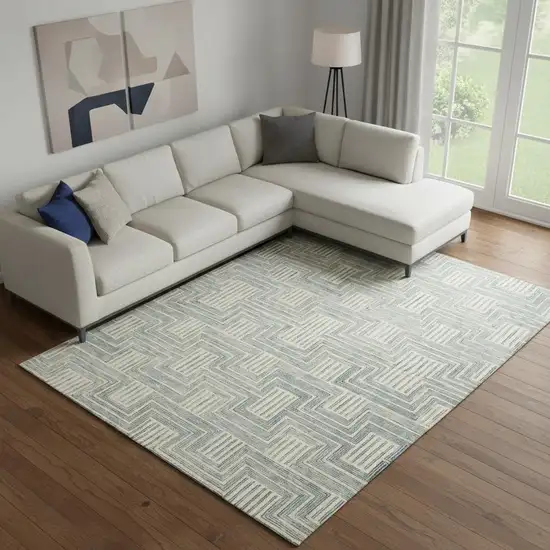 Beige And Blue Wool Geometric Area Rug Photo 1