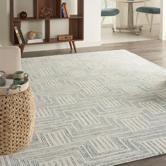 Beige And Blue Wool Geometric Area Rug Photo 4