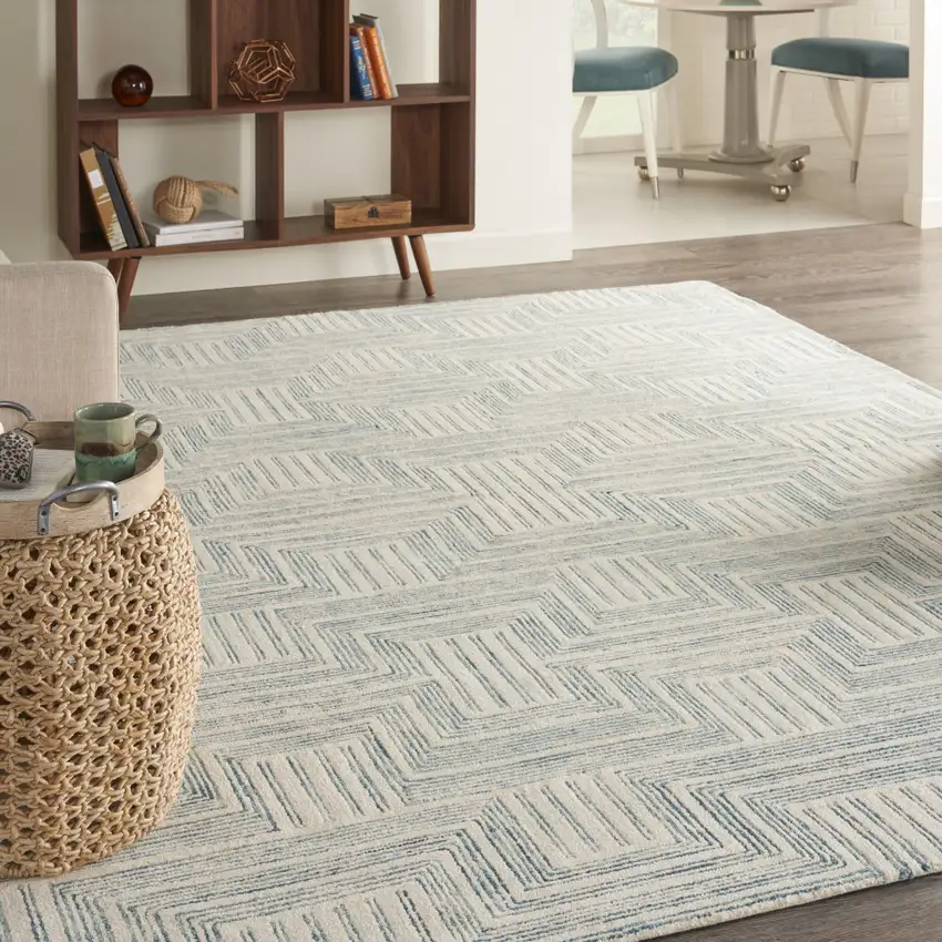 Beige And Blue Wool Geometric Area Rug Photo 4