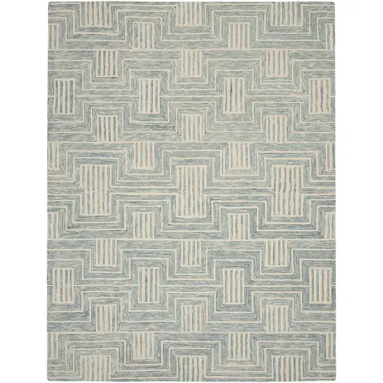 Beige And Blue Wool Geometric Area Rug Photo 6