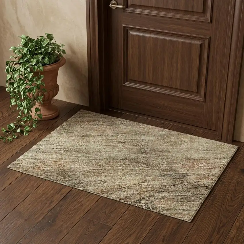 Beige And Brown Abstract Geometric Washable Area Rug With UV Protection Photo 1