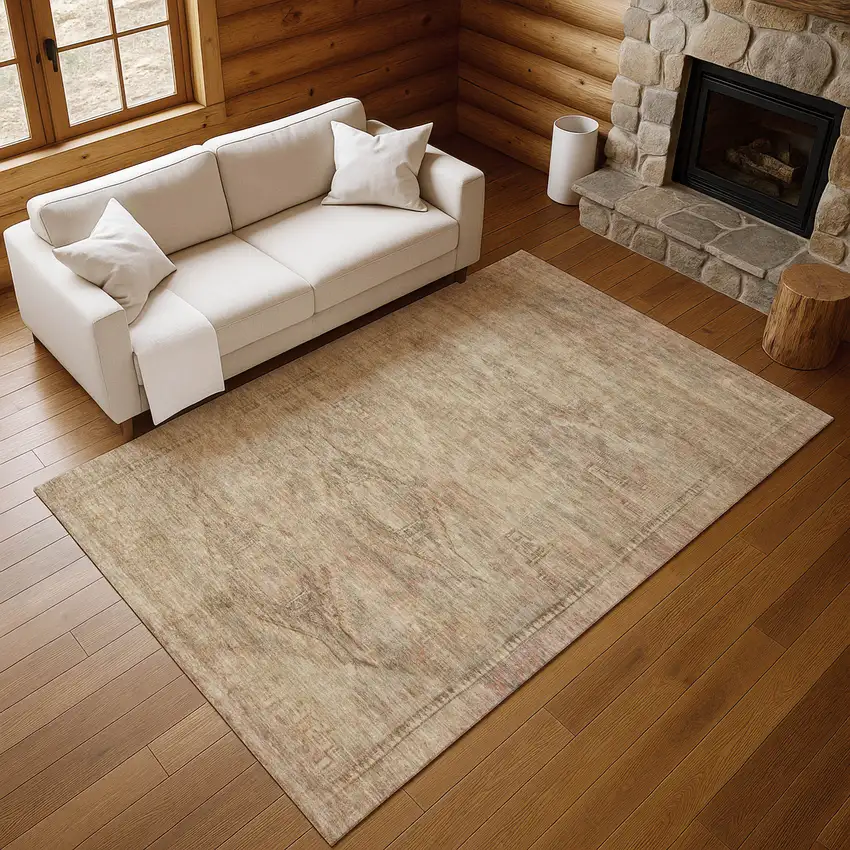 Beige And Brown Abstract Geometric Washable Area Rug With UV Protection Photo 4