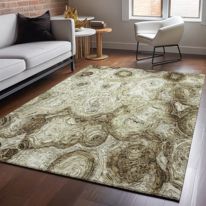 Beige And Brown Abstract Washable Area Rug With UV Protection Photo 3