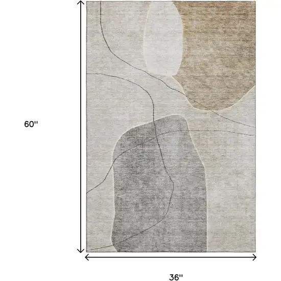 Beige And Brown Abstract Washable Area Rug With UV Protection Photo 6