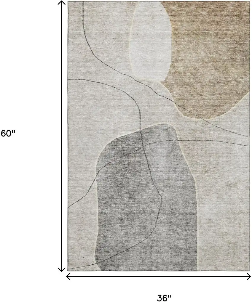 Beige And Brown Abstract Washable Area Rug With UV Protection Photo 6