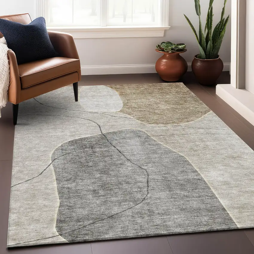 Beige And Brown Abstract Washable Area Rug With UV Protection Photo 5