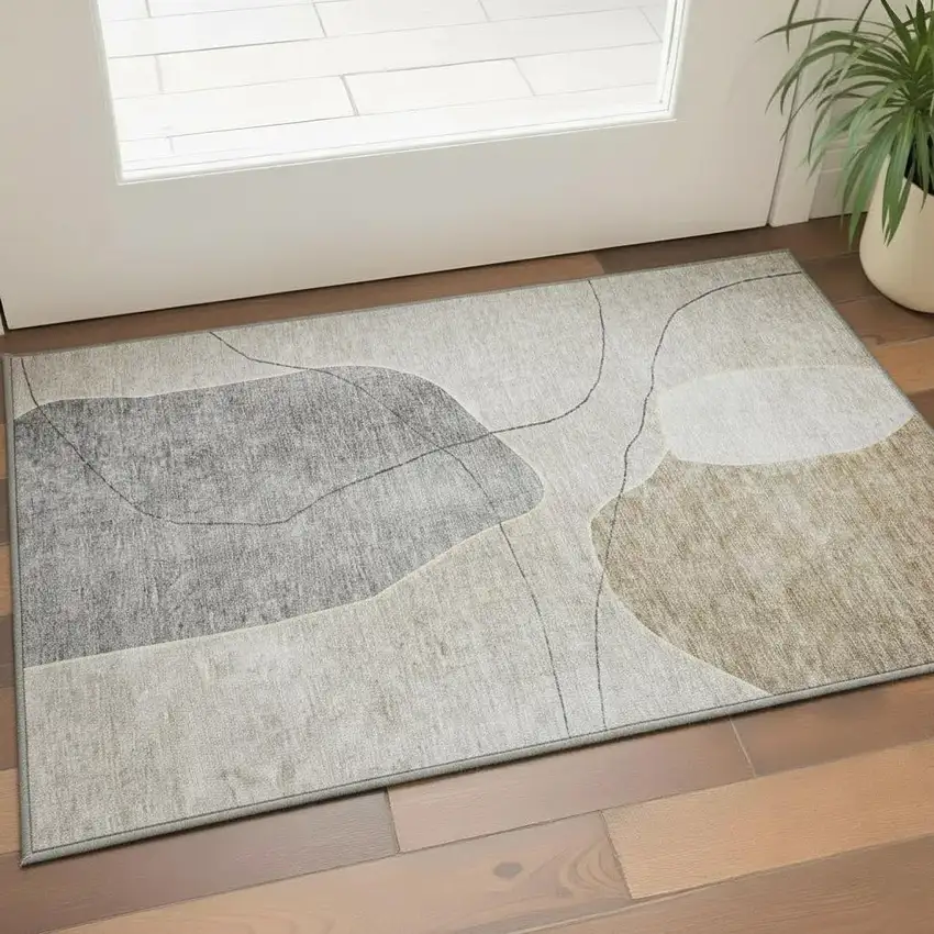 Beige And Brown Abstract Washable Area Rug With UV Protection Photo 2