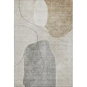 Photo of Beige And Brown Abstract Washable Area Rug With UV Protection