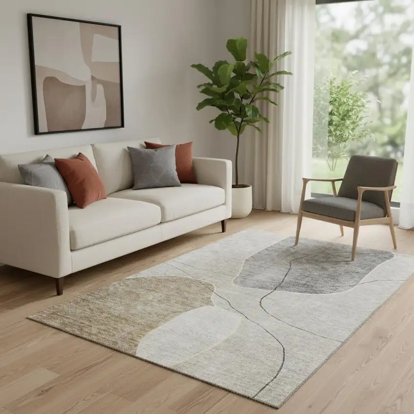 Beige And Brown Abstract Washable Area Rug With UV Protection Photo 1