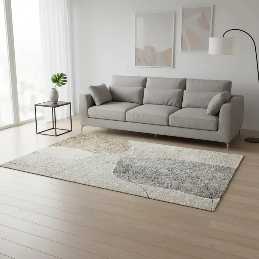 Beige And Brown Abstract Washable Area Rug With UV Protection Photo 1