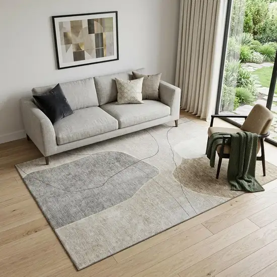 Beige And Brown Abstract Washable Area Rug With UV Protection Photo 1