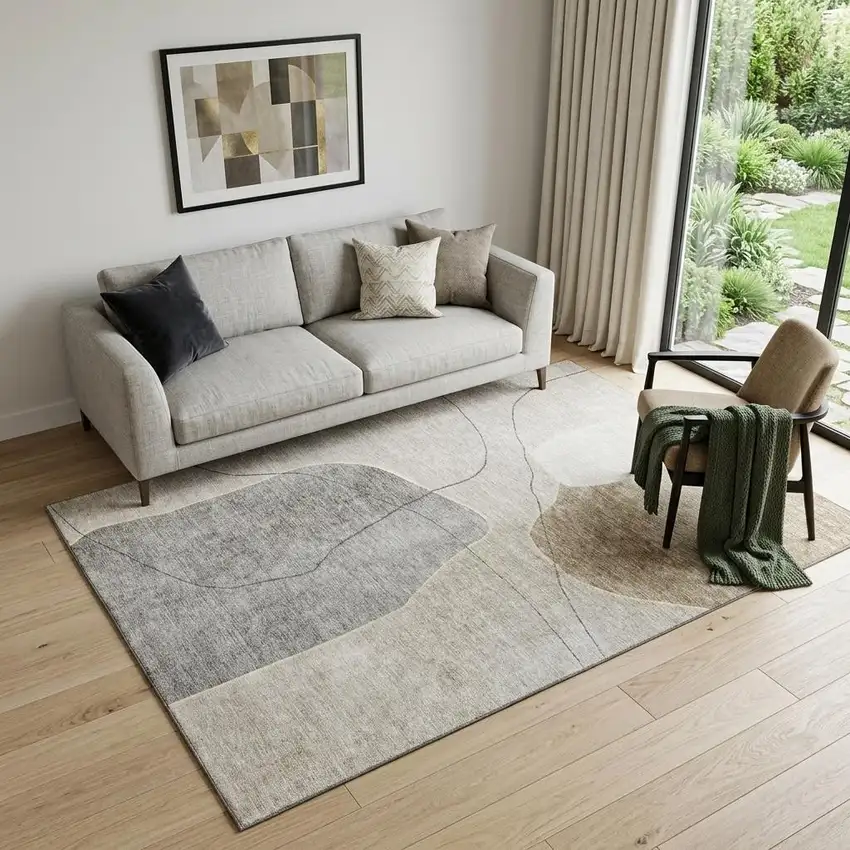 Beige And Brown Abstract Washable Area Rug With UV Protection Photo 1