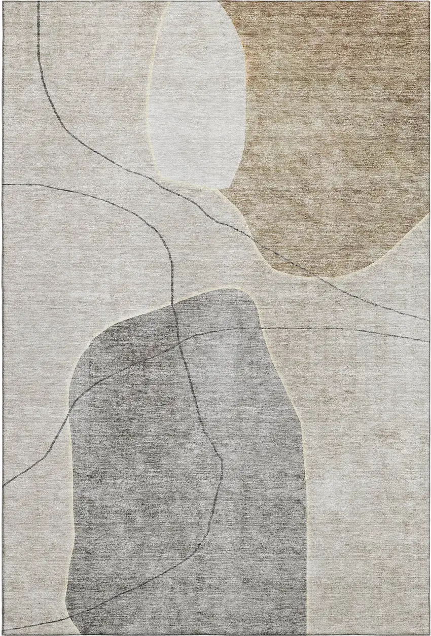 Beige And Brown Abstract Washable Area Rug With UV Protection Photo 2