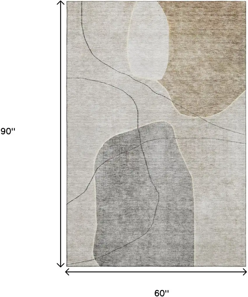 Beige And Brown Abstract Washable Area Rug With UV Protection Photo 3